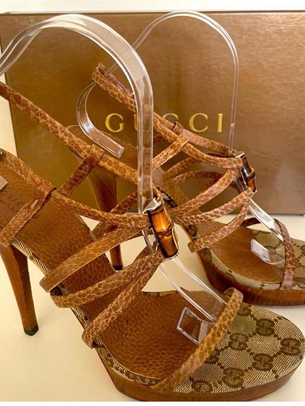 Gucci Brown Strappy Leather High Heel Sandals with Bamboo Accent - Guccissima
